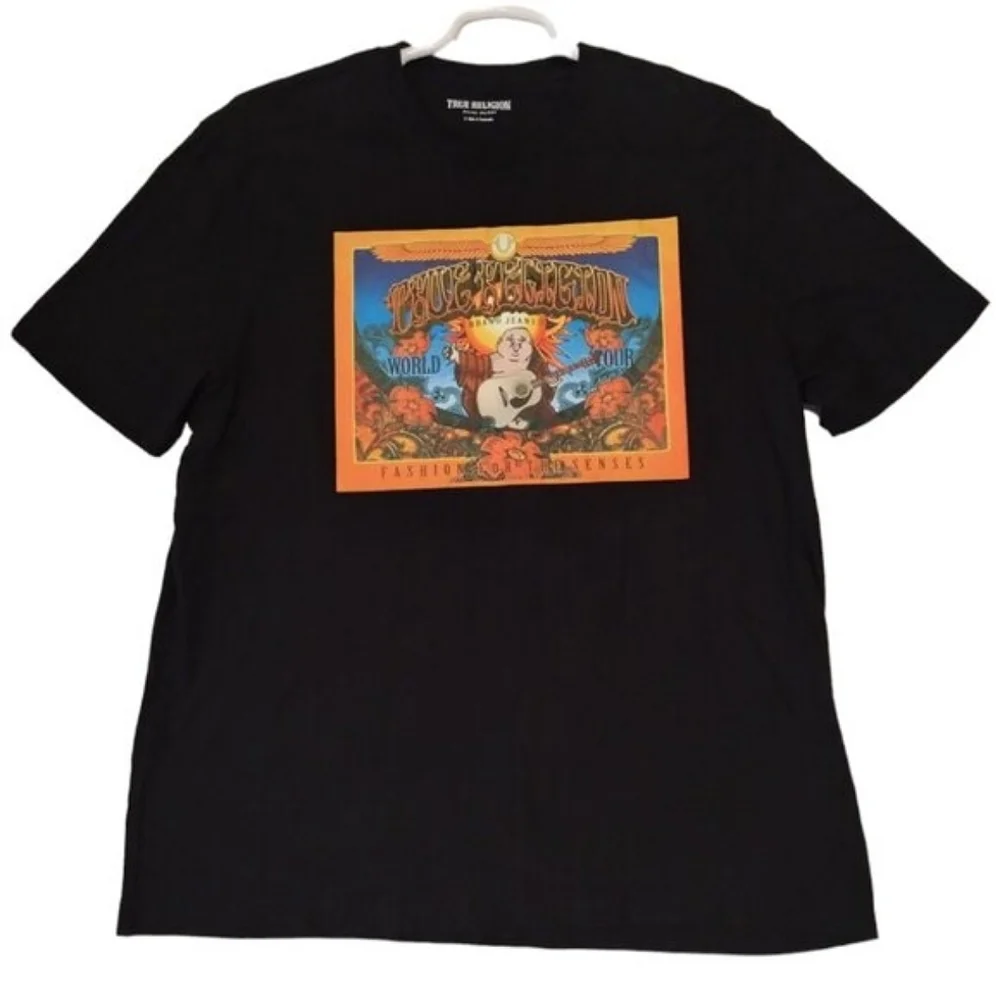 True Religion Mens Logo Graphic‎ Print Crew Neck Short Sleeve Tee Size L Black